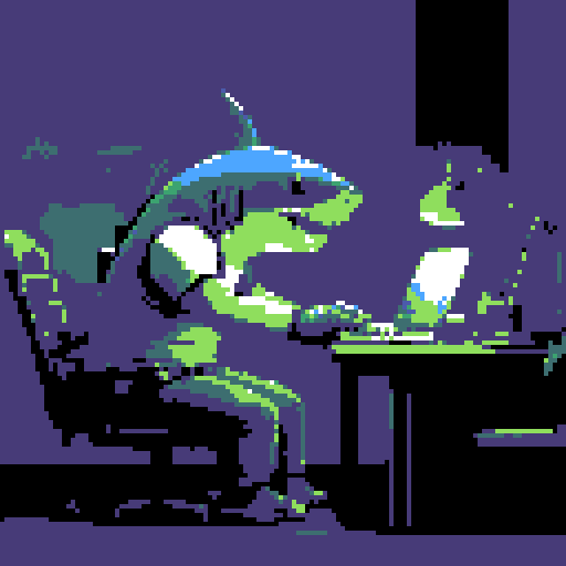 shark, desk, laptop, typing, pixel art, sRGB