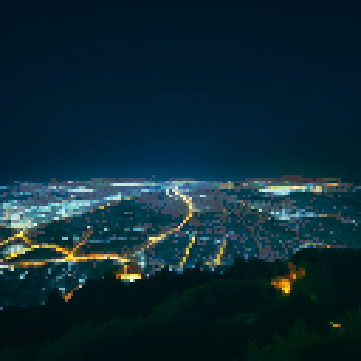 Night view from forest mountain to city, tree, yellow light