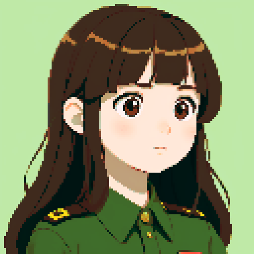 young girl, large round eyes, soft long hair, innocent expression, brown hair, brown eyes, wearing combat green army uniform, upper body close-up, transparent background, clean and detailed, game icon, centered composition