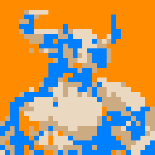 A pixel art portrait of a bull with a neutral expression, featuring a minimalist design with light skin tone, solid colors, Set against a solid orange background. The style is reminiscent of early video game characters, with a square aspect ratio.