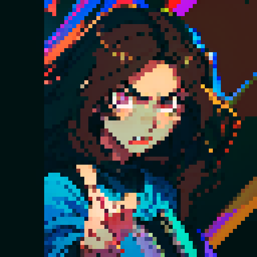 long brown haired man, disheveled appearance, wide-eyed, frenetic energy, dilated pupils, sleep-deprived, dark circles under eyes, animated expressions, exaggerated hand gestures, vibrant colors, jagged edges, pixelated representation, 8-bit aesthetic, retro-inspired, sRGB color palette