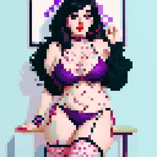 curvy, cute, goth girl,  black hair, purple eyeshadow, red lipstick. Wearing bikini, Fishnet stockings.  glamour shot.
