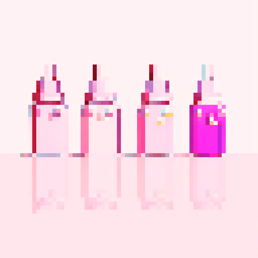 A nail tech and a client in a nail salon. Pastel pink nail polish bottles