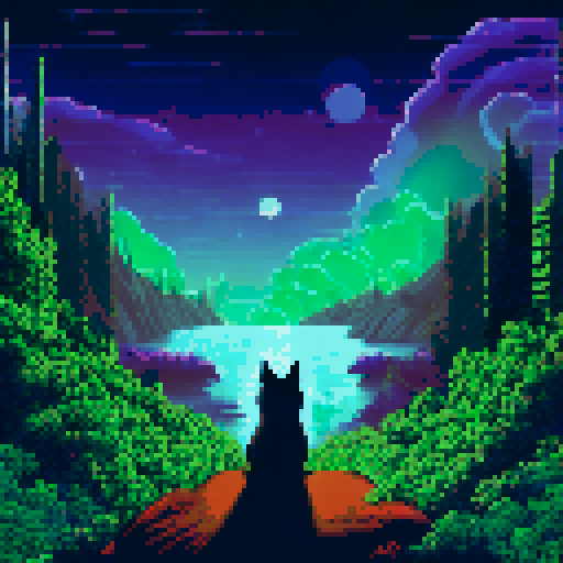 hyperrealistic silhouette of a black cat, galaxies and stars covering the night sky, aurora borealis, pixel art, sRGB