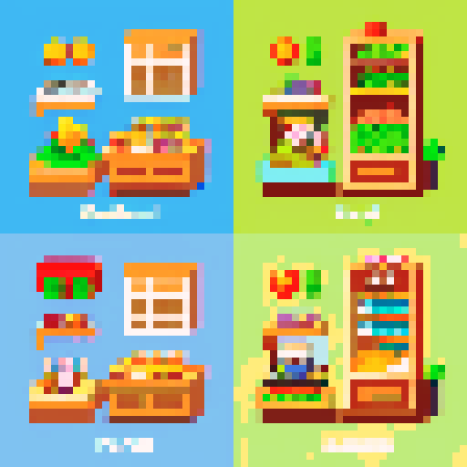   generate a sprite of a character walking left to right, then checking the fridge (fridge should be empty), then doing grocery,  then adding items to the cart and then checking out the items, then paying for the items with coins, then dicing vegetables, then boiling items, then mixing food, then serving food, then eating food, and then the character should be full.
