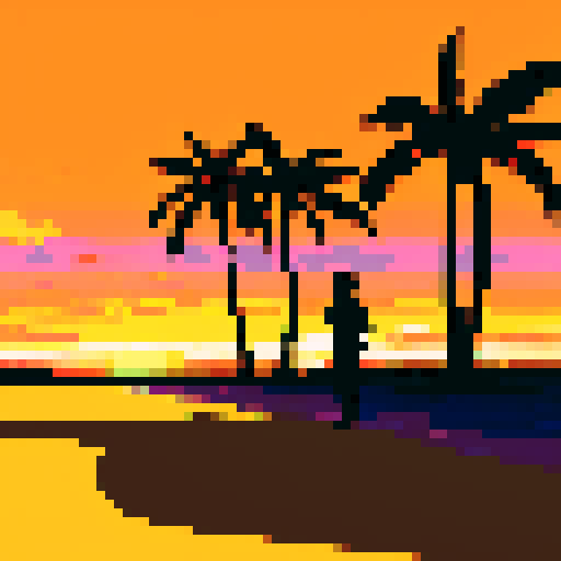 palm trees silhouetted against a fiery sunset sky, golden sand reflecting hues of orange and purple