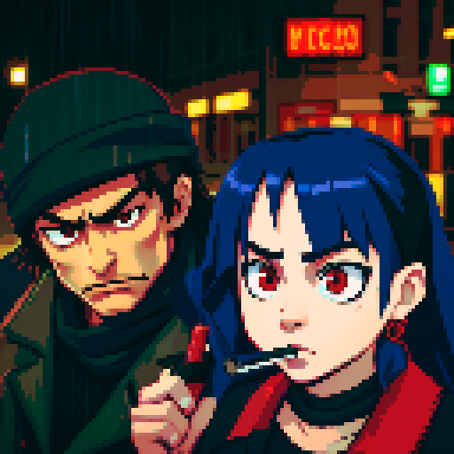 Girl on the right smoking a cigarette, guy on the left holding a gun with a black bandanna around half his face, gritty, rainy, nighttime, downtown
