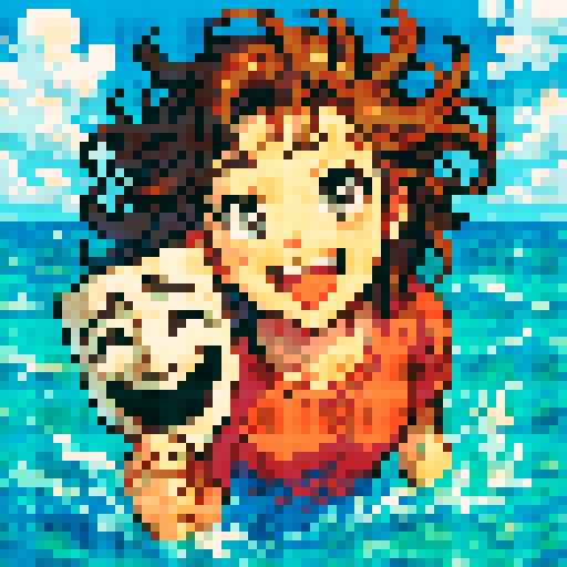 medium length wavy brown hair, falling into the ocean, smile on face, Greek comedy mask, gray eyes, anime style vibrant,