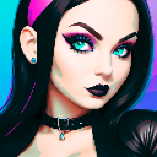 curvy, busty goth girl, face portrait, close up, glamour shot, leather bikini, modern tile backsplash, vivid colors, pixel art, sRGB