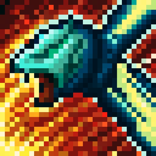 Create a highly pixelated art piece of a cybernetic animal, emphasizing a strong pixel art style reminiscent of classic 8-bit or 16-bit video games. The animal should feature distinct, blocky pixels and a retro gaming aesthetic, combined with futuristic, cybernetic enhancements. Think of robotic limbs, neon lines, and metallic plating, all rendered in a chunky, pixelated format