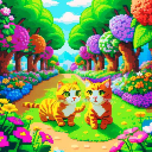 happy cats playing, vibrant colors, whimsical flowers, animated felines, lush greenery, detailed textures, playful expressions, intricate patterns, retro video game aesthetic, vibrant pixel art, lively atmosphere, enchanting garden, joyful felines, vivid hues, charming visuals