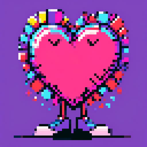 heart cracked down the middle, pixel art, cartoon style, vibrant colors, expressive lines, exaggerated emotions, whimsical details