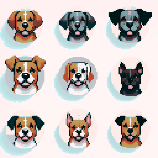 clean pixel art, 9 circles containing dog faces