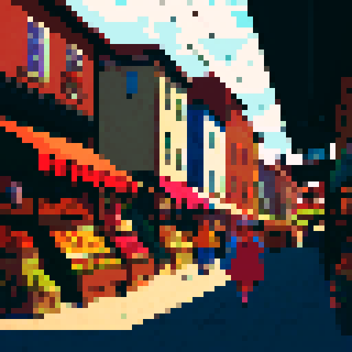 Small town market with a few people shopping. Vibrant colors