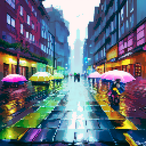 colorful umbrellas, wet cobblestone streets, towering skyscrapers, shimmering reflections in puddles, misty neon lights, people huddled under awnings, rain-soaked flowers, silhouettes of city dwellers with umbrellas, cascading water droplets on windows, a foggy skyline