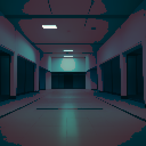 empty mall viewed from the inside, wide dark corridors, large pillars, somber mood, nostalgic feel, retro