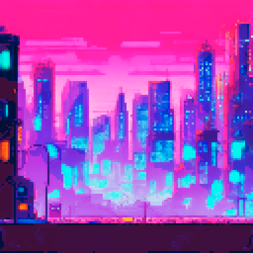 cyborg scavenger, rusty pipes, neon signs, towering skyscrapers, flickering holograms, abandoned vehicles, polluted air