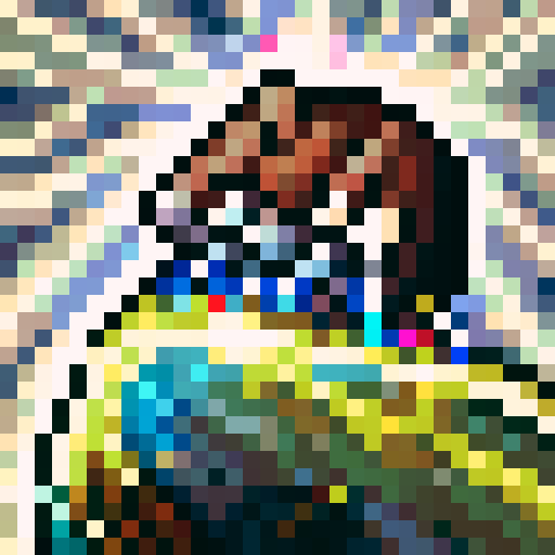 A pixelated portrait of a euphoric gamer with glowing eyes, sweat dripping down their forehead, and a wide grin on their face, surrounded by skill icons and power-ups, all in the vibrant hues of sRGB