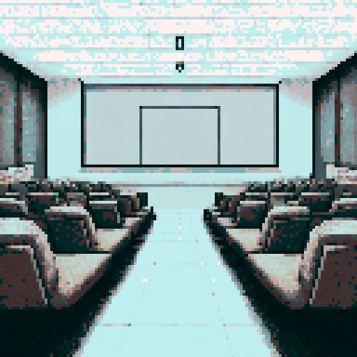 Cozy lecture hall with muted, sRGB pixel art in greys and browns, featuring a serene background landscape