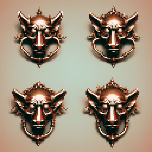 simple, geometrical pieces copper from old door knocker and gargoyles. Steampunk. It should be seen as if on a wall, with no perspective, on a solid-color background. There should one be two or three pieces in each frame, it shouldn't be complete.