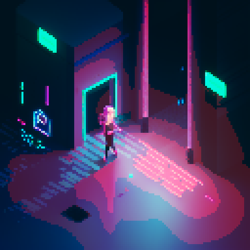 hacker girl, lonely rainy day, glowing neon codes, flickering screens, vibrant pixelated cityscape, futuristic attire, headphones, city lights reflecting on wet pavement