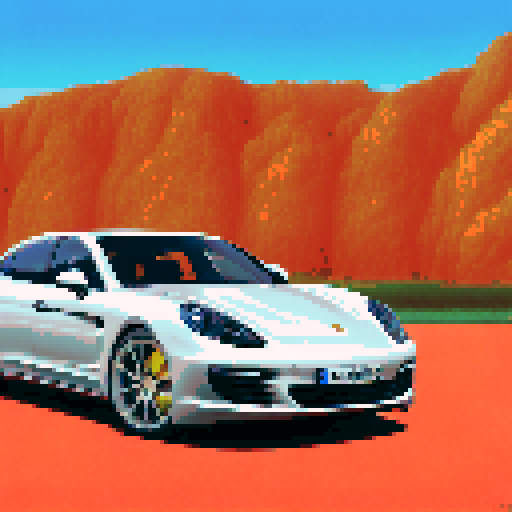Photorealistic whole Porshe Panamera, three-quarter view, right front wheel, clean background, sRGB colors, pixel art style
