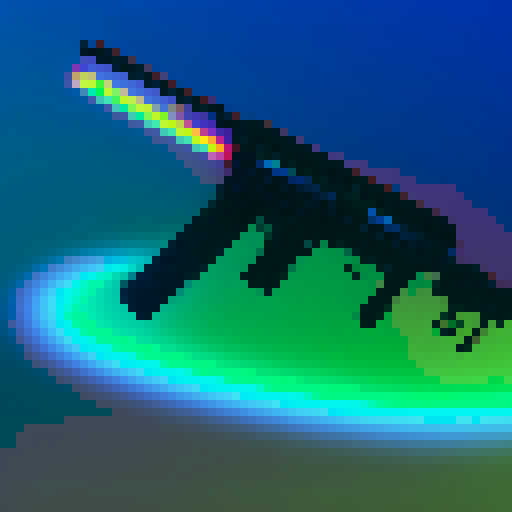 Rainbow colored, pixelated assault rifle with glowing neon sights and a sleek, futuristic design