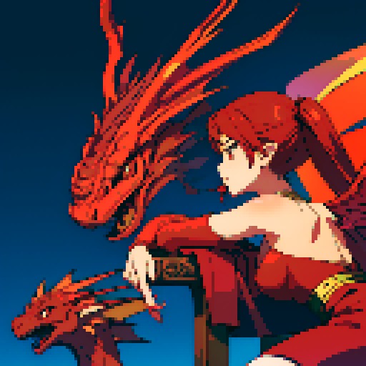 red dragon, vibrant red scales, fierce gaze, sharp claws, majestic wings, lounging lazily, shimmering pile of gold, intricate details, pixelated art style, sRGB color profile