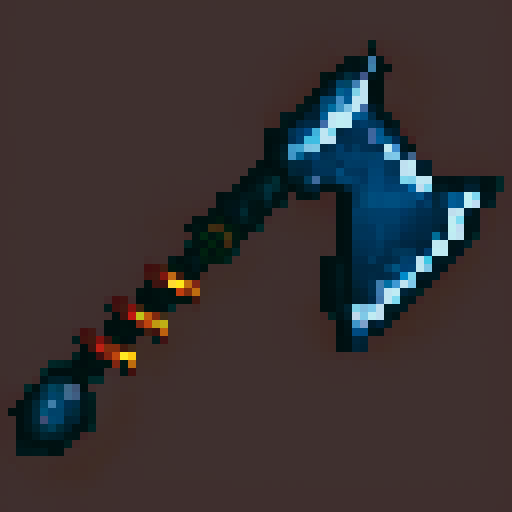 fantasy axe, sharp blade, metallic sheen, steel colored blade, textured grip