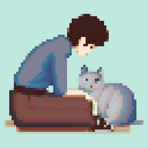 A brown-haired boy, dressed in a blue shirt, sits cross-legged, gently petting a fluffy gray cat in a cozy, retro-style pixel art scene