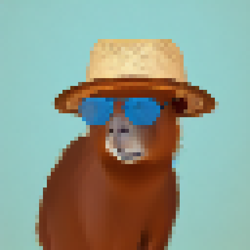 Elderly capybara wearing a straw hat and sunglasses, portrait