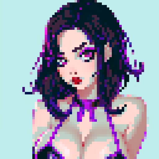 curvy, cute, goth girl,  black hair, purple eyeshadow, red lipstick. Wearing bikini. glamour shot.