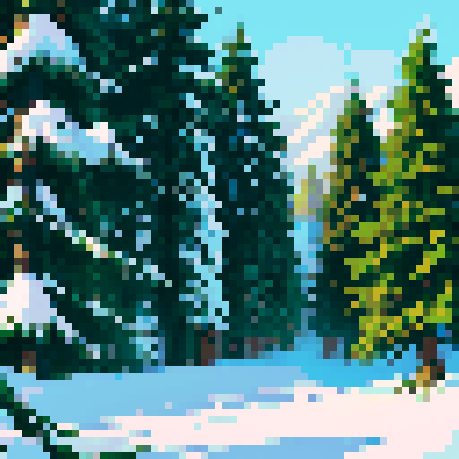 Winterly jungle with towering evergreen trees, snow-covered ground, icy landscape small colourfull details