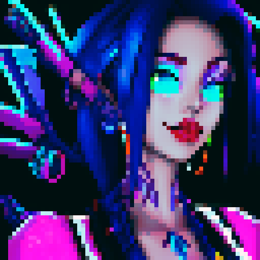 Jinx from league of legends, pixelated cyberpunk colors