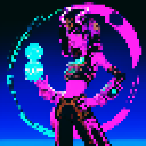 Alien character with a futurisic headdress, glowing eyes, and hieroglyphic tattoos, holding a raygun, standing in a vibrant galaxy filled with colorful planets and stars, surrounded by futuristic UFOs and ancient Egyptian and Sumerian inspired architecture, invading earth, loveing bitcoin very very much, all depicted in high quality pixel art using the retro sRGB color palette, retrowave style, showcasing intricate details and bold, stylized compositions, perfect for a profile picture
