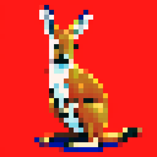 kangaroo with vibrant red and blue pixel art Australian flag background, capturing the essence of Australia's rich culture and biodiversity
