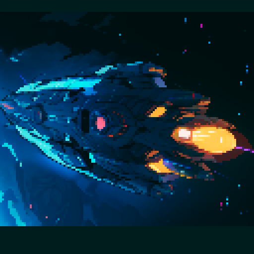 futuristic spaceship, topview, sleek and streamlined, hovering mid-air, pixelated sRGB aesthetic, retro-futuristic buttons, neon-lit control panel