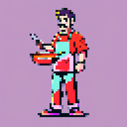 cooking chef with moustache, frying pan in hand, pixel art, vibrant sRGB colors

