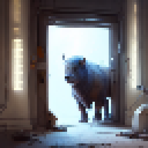  A toy buffalo looking round the corner of a door. Left to right
The door and wall is white 