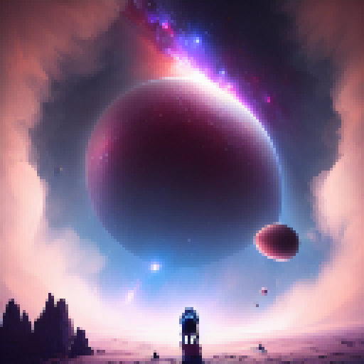 Chimp gazes at awe-inspiring landscape of galaxies, stars, and planets, evoking a sense of melancholy in a Fantasy RPG style.