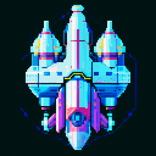 2d Spaceship in empty space, metallic exterior, retro aesthetic, pixelated details,blinking lights, wireframe outlines, geometric shapes, low-resolution textures, pixel art style, sRGB color space
View from above

Retro Futurism Palette: Inspired by the 80s sci-fi and video games, this palette could include neon pinks, bright blues, electric purples, and lime greens. This palette is perfect for a spaceship with a vibrant, energetic look that stands out against the darkness of space.