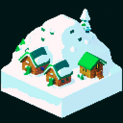 snowy mountain range ski town with a tiny lodge, igloo, campsite, cold, pixel art, sRGB, christmas themed