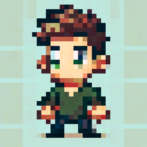 close up, portrait, 8-bit character sprite, pixelated features, vibrant colors, intense expression, sharp lines, detailed shading, exaggerated eyes, dynamic pose, dramatic lighting, stylized hair, glowing elements, white background