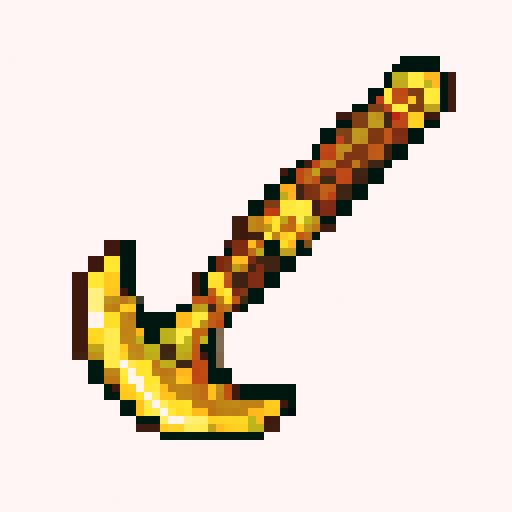 A luxurious farming hoe icon, tool head made of bright shiny yellow gold, elegant curved blade design, refined handle with golden accents and decorations, expensive and lightweight look. pixel art style, 16x16 grid resolution, minecraft item icon style, flat 2D game asset, white background, no shadows, hard edges, diagonal tool view.