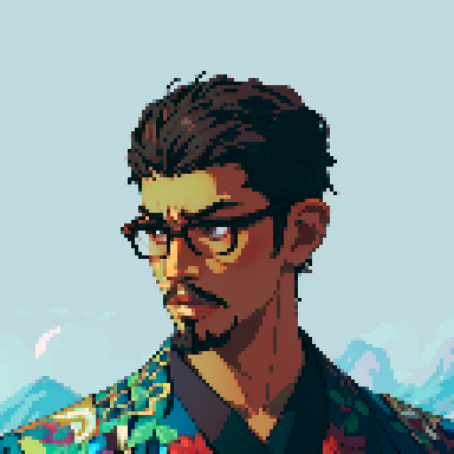Southeast Asian man, short curly hair, round glasses, tanned, goatee, diamond shaped face, Wearing a robe