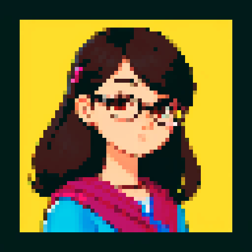portrait, sprite art, young south asian woman, cozy, cute, soft eyes, smart, nerd