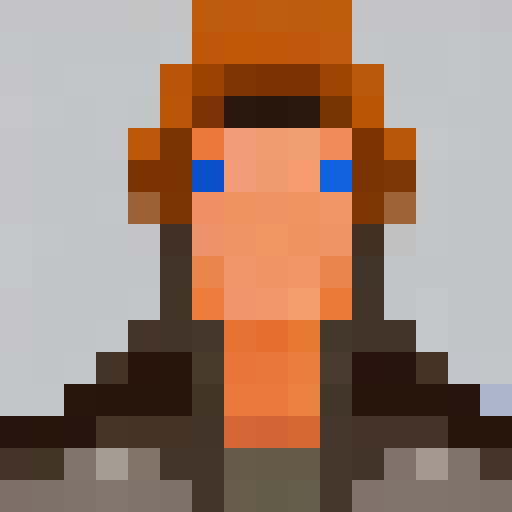 25-year-old historian, short brown hair, jacket, canteen, sword-sized trowel, game icon, 16x16, pixel art, close up, portrait, NES color pallete