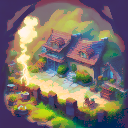 An old inn with fire and lightning