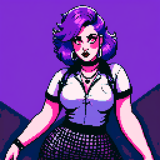 Plus size busty greaser goth girl, with long purple hair, eyeliner, red lipstick. wearing a skirt and studded collar. Posing for a portrait, avatar photo. vibrant sRGB colors, pixel art, edgy aesthetic