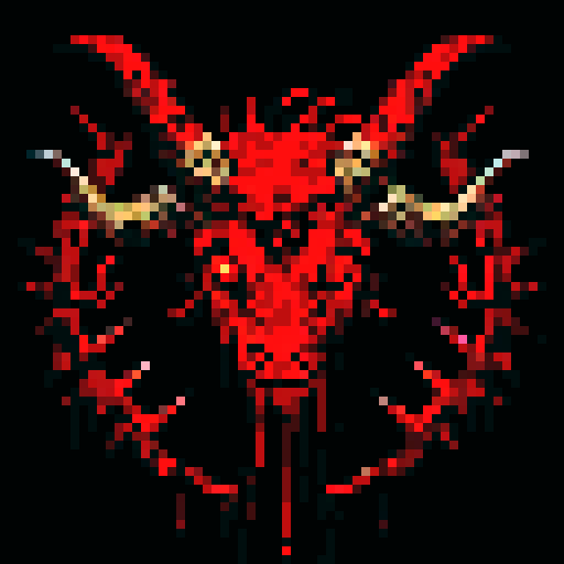 blood splatters, horned goat, dark shadows, gruesome violence, pixelated gore, vibrant red hues, intense contrast, jagged edges, macabre artistry, detailed dismemberment, visceral horror, pixelated blood, chilling brutality, sRGB color palette, hauntingly beautiful, gruesome pixel art